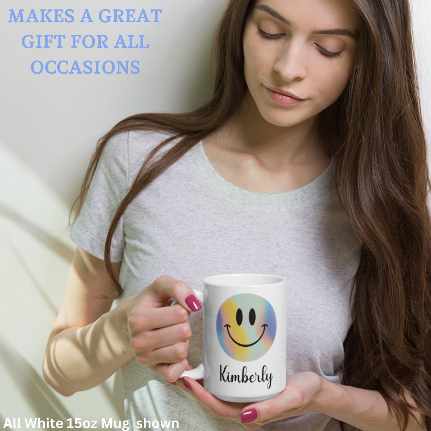 Smiley Face Mug, Happy Emoji Tea Coffee Cup, Personalized Custom Name Mug, Smiling Face Cup - Zehnaria - ALL PERSONALIZED - Mugs