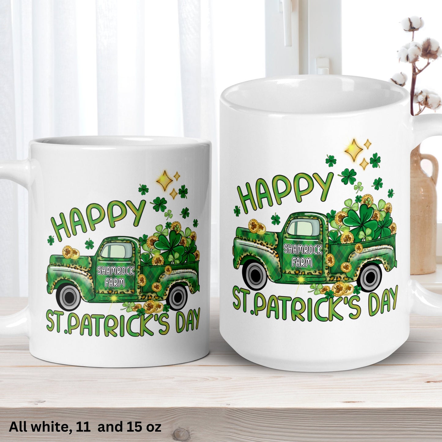 Happy St Patricks Day Shamrock Farm Truck, Irish Coffee Mug, Saint Patrick's Day Gifts, Four Leaf Clover - Zehnaria - MORE HOLIDAYS & SEASONS - Mugs
