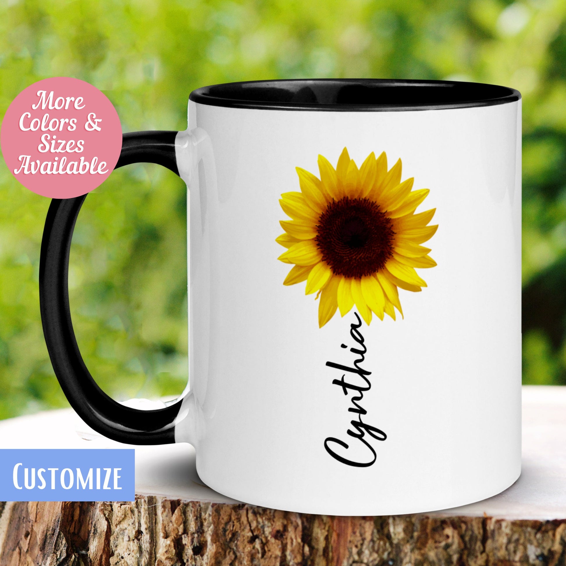 Personalized Sunflower Name Mug, Custom Name Mug, Name Mug, Custom Coffee Mug - Zehnaria - ALL PERSONALIZED - Mugs