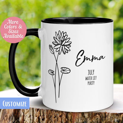 July Birth Flower Mug Personalized, Water Lily Floral Mug, Custom Name Mug, - Zehnaria - BIRTHDAY & ZODIAC - Mugs