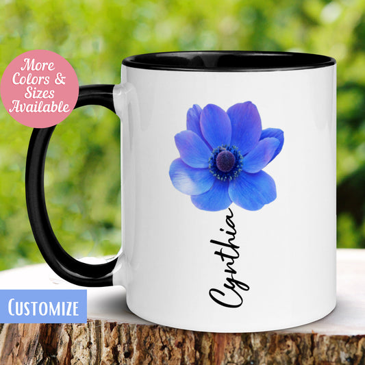 Personalized Blue Flower Name Mug, Custom Name Mug, Name Mug, Custom Coffee Mug - Zehnaria - ALL PERSONALIZED - Mugs