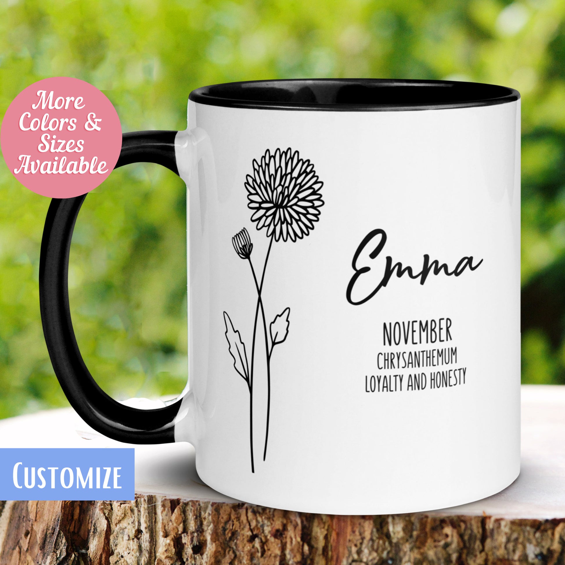 November Birth Flower Mug Personalized, Chrysanthemum Floral Mug, Custom Name Mug, Gift for Women - Zehnaria - BIRTHDAY & ZODIAC - Mugs