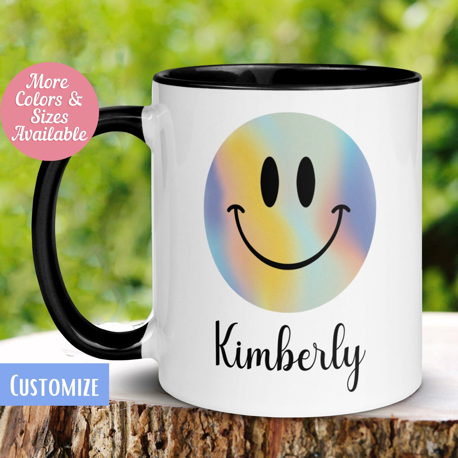 Smiley Face Mug, Happy Emoji Tea Coffee Cup, Personalized Custom Name Mug, Smiling Face Cup - Zehnaria - ALL PERSONALIZED - Mugs