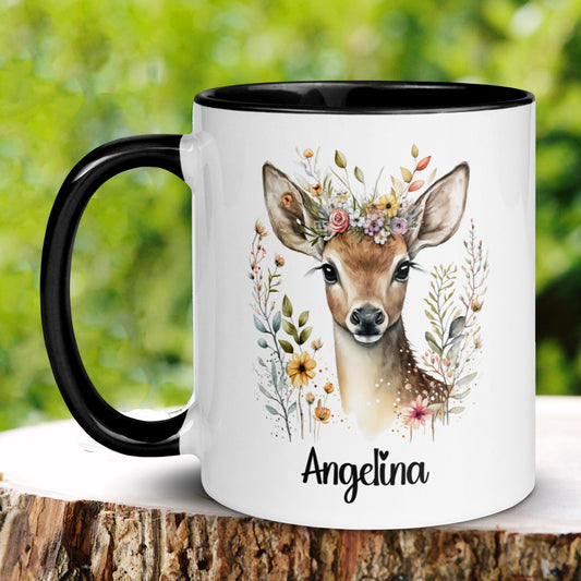 Personalized Deer Mug, Custom Name Mug, Floral Mug, Deer Coffee Mug - Zehnaria - PETS & ANIMALS - Mugs