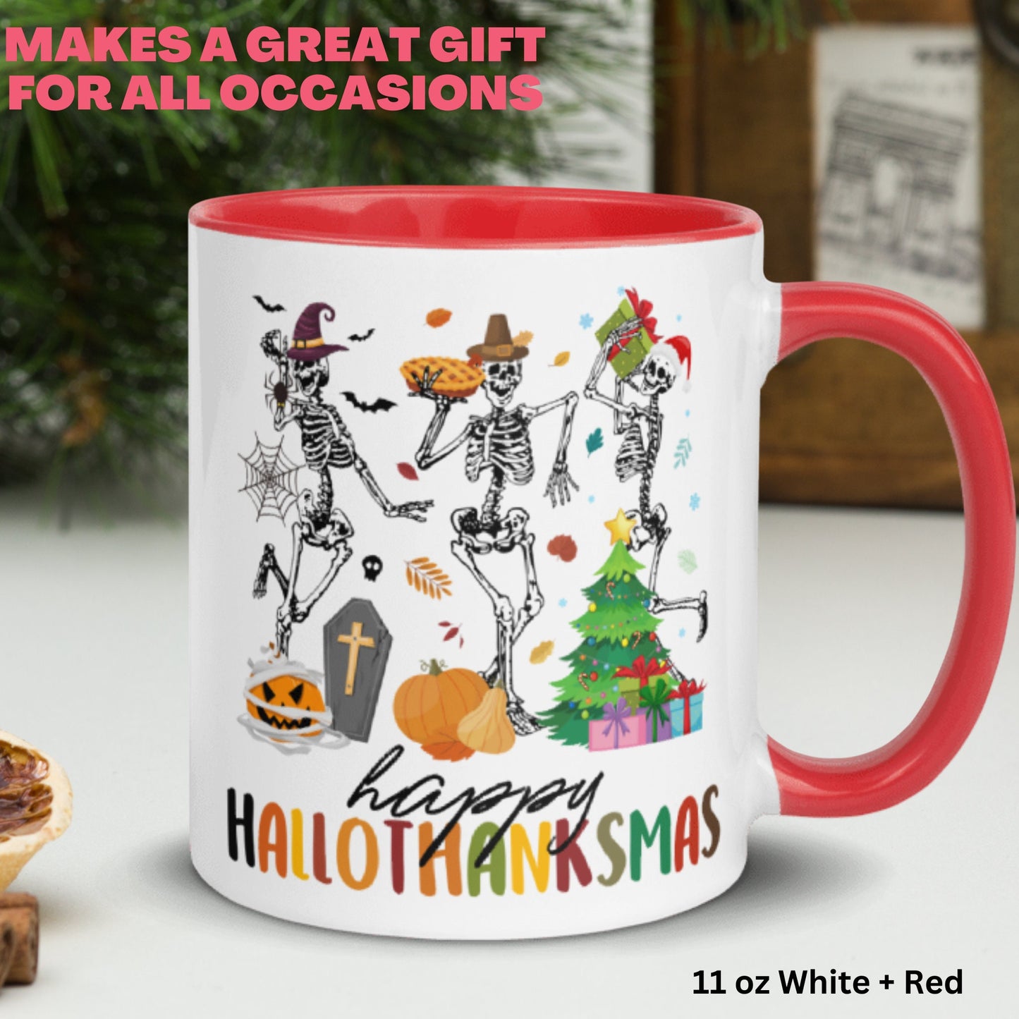 Happy Hallothanksmas Mug, Gift for Christmas, Skeleton Mug, Tis the Season Mug - Zehnaria - WINTER HOLIDAY - Mugs