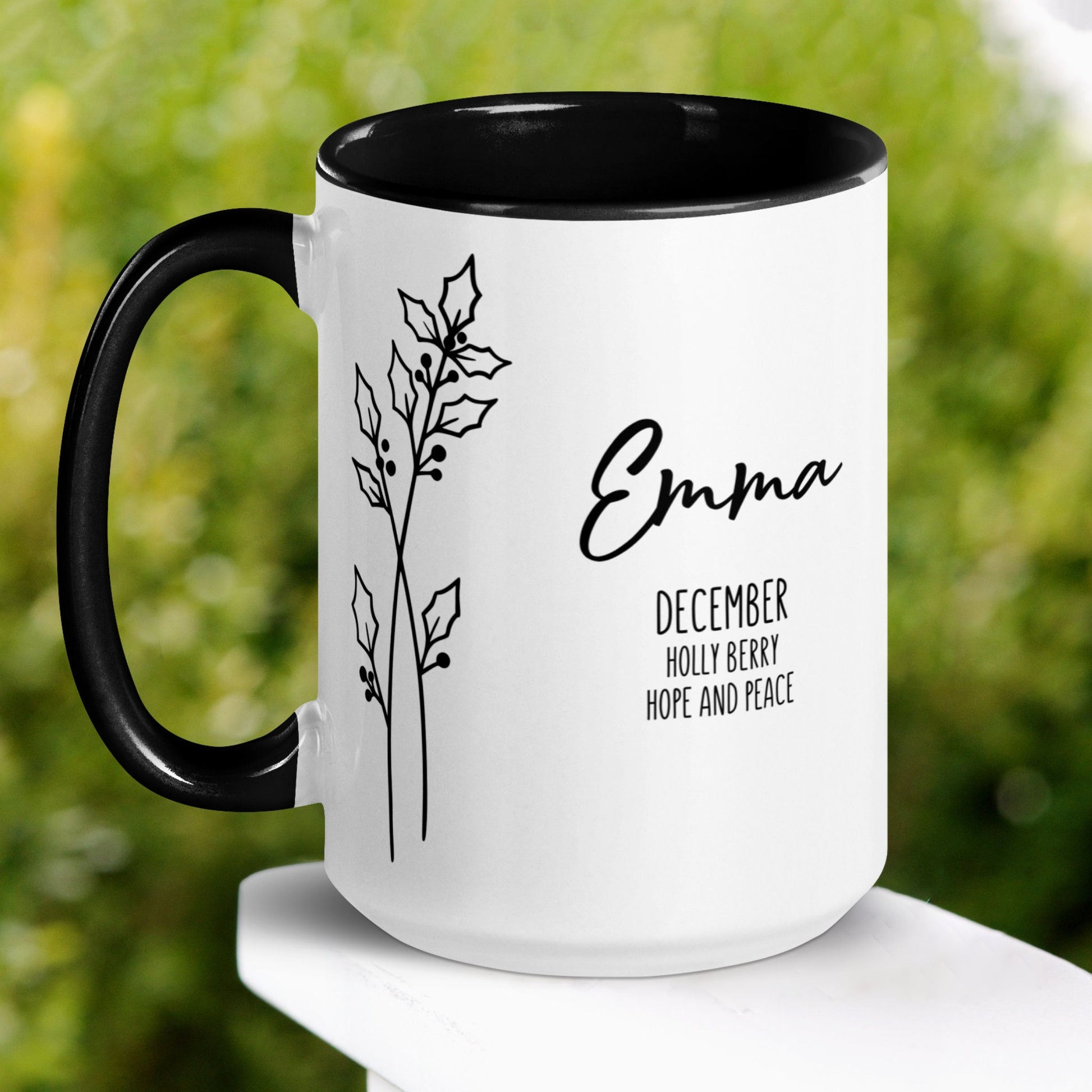 December Birth Flower Mug Personalized, Bridesmaid Gift, Holly Berry Floral Mug, Custom Name Mug - Zehnaria - BIRTHDAY & ZODIAC - Mugs