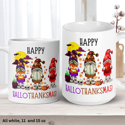 Happy Hallothanksmas, Garden Gnome, Christmas Gifts, Halloween Gifts - Zehnaria - WINTER HOLIDAY - Mugs