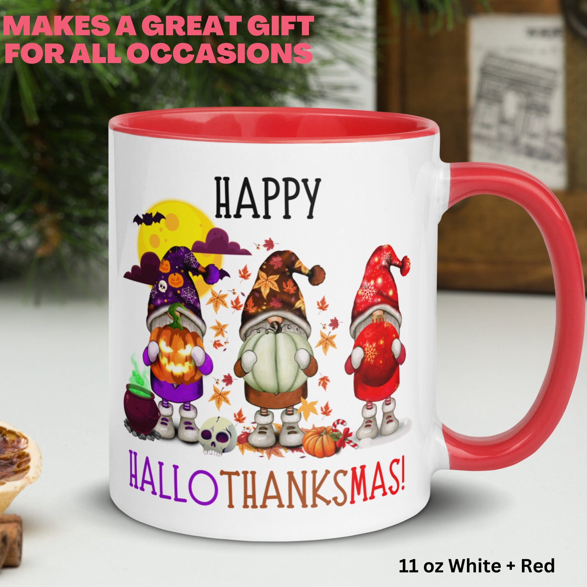 Happy Hallothanksmas, Garden Gnome, Christmas Gifts, Halloween Gifts - Zehnaria - WINTER HOLIDAY - Mugs