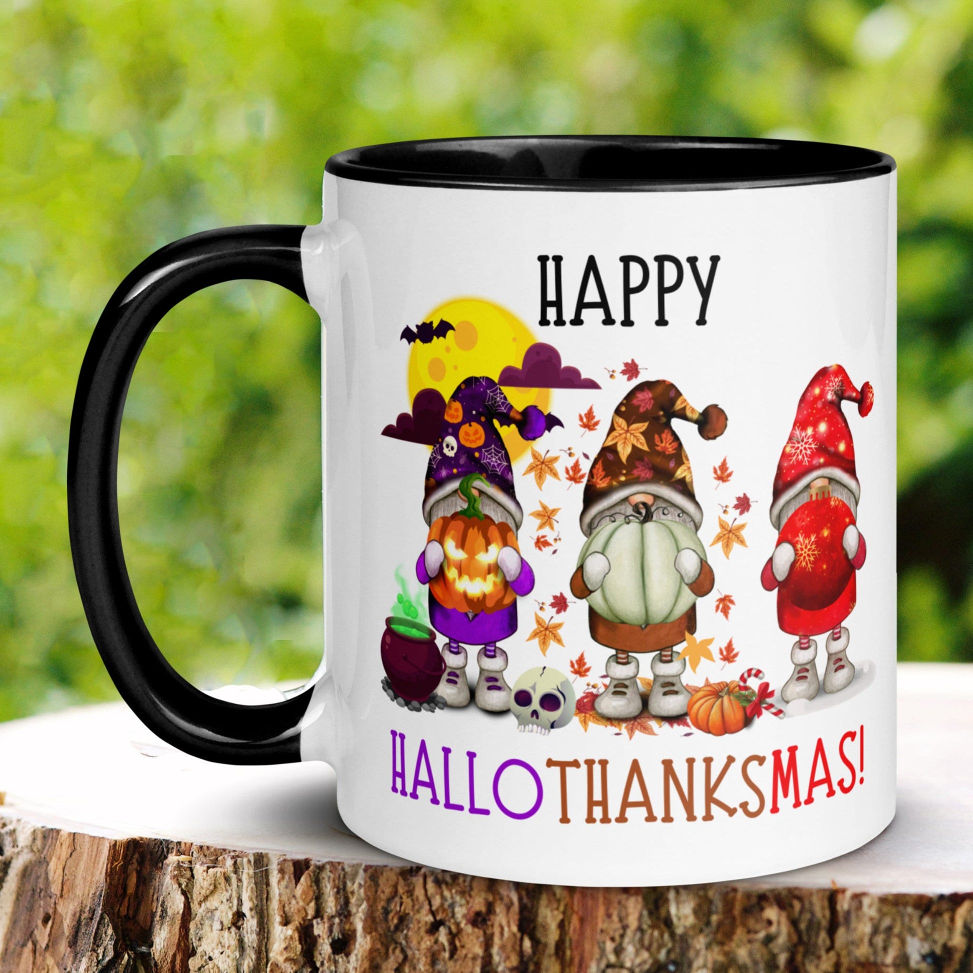 Happy Hallothanksmas, Garden Gnome, Christmas Gifts, Halloween Gifts - Zehnaria - WINTER HOLIDAY - Mugs