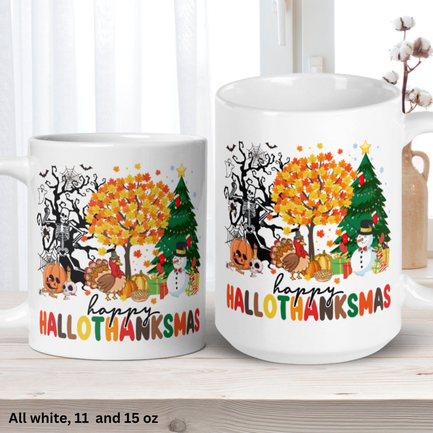 Happy Hallothanksmas Mug, Funny Holiday Trees Gift for Christmas - Zehnaria - WINTER HOLIDAY - Mugs