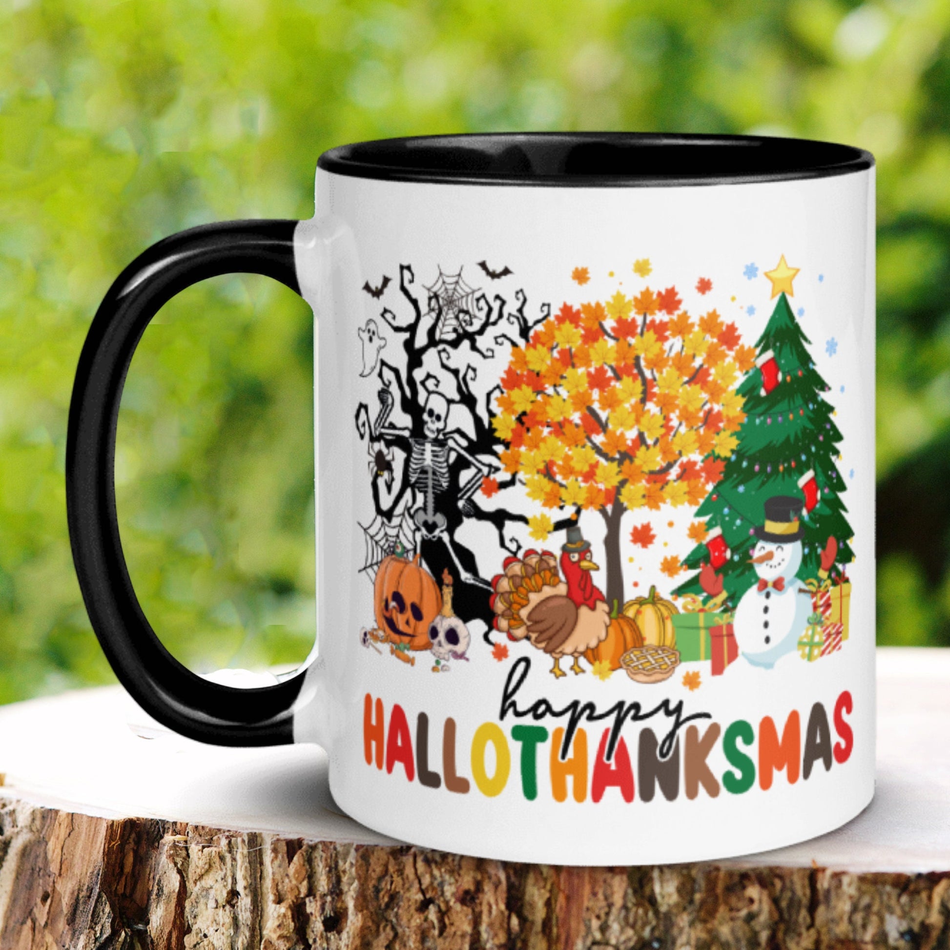 Happy Hallothanksmas Mug, Funny Holiday Trees Gift for Christmas, Tis the Season Mug, Christmas Mug - Zehnaria - WINTER HOLIDAY - Mugs