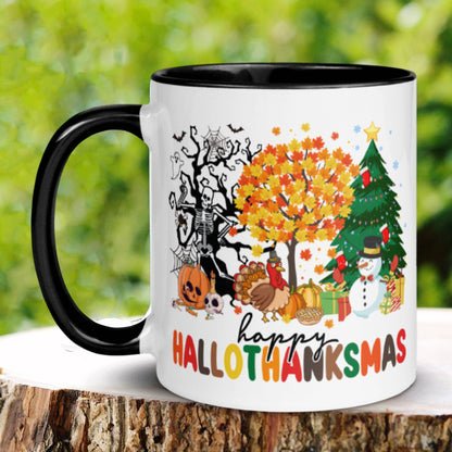 Happy Hallothanksmas Mug, Funny Holiday Trees Gift for Christmas, Tis the Season Mug, Christmas Mug - Zehnaria - WINTER HOLIDAY - Mugs