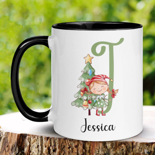 Personalized Girl Elf Name Mug, Initial Letter Mug, Christmas Gifts, Christmas Coffee Mug - Zehnaria - WINTER HOLIDAY - Mugs