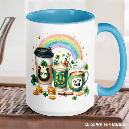 St Patricks Day Gifts, Rainbow Mug, Irish Coffee Mug, Saint Patricks Day, Shamrock Clover, Good Luck Mug, Holiday Gift, Coffee First, 1438 - Zehnaria - MORE HOLIDAYS & SEASONS - Mugs