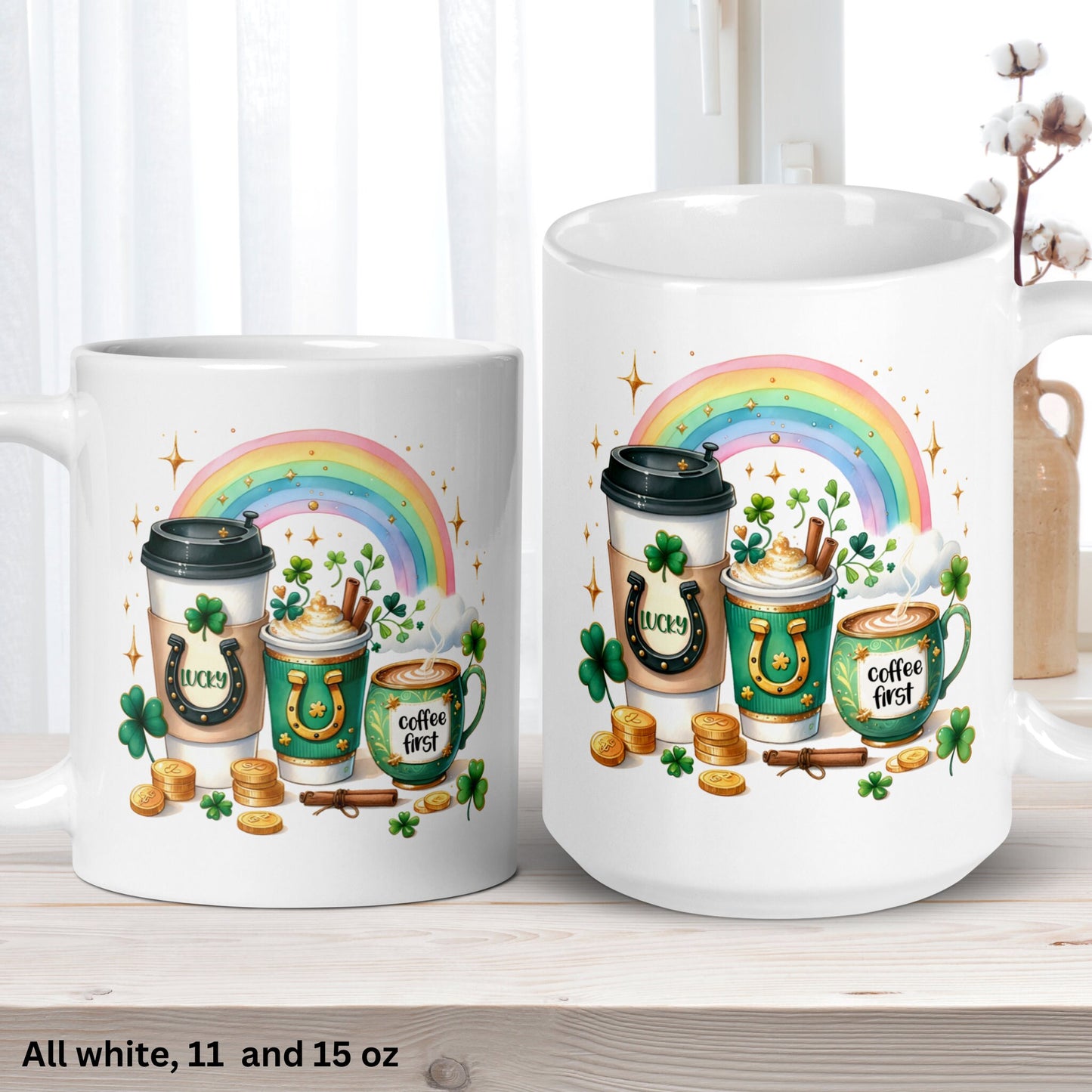 St Patricks Day Gifts, Rainbow Mug, Irish Coffee Mug, Saint Patricks Day, Shamrock Clover, Good Luck Mug, Holiday Gift, Coffee First, 1438 - Zehnaria - MORE HOLIDAYS & SEASONS - Mugs