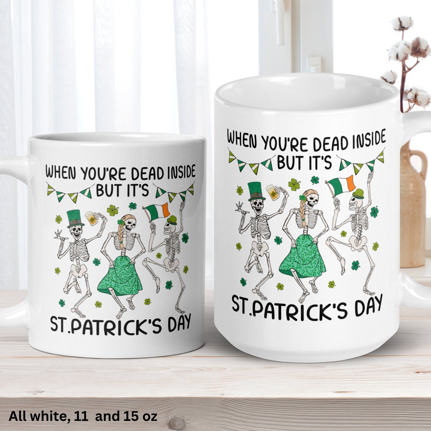 St Patricks Day, Dancing Skeletons Mug, Skeleton Mug, Saint Patricks Day Gifts, Funny Irish Coffee Mug, Shamrock Clover, Dead Inside, 1412 - Zehnaria - MORE HOLIDAYS & SEASONS - Mugs