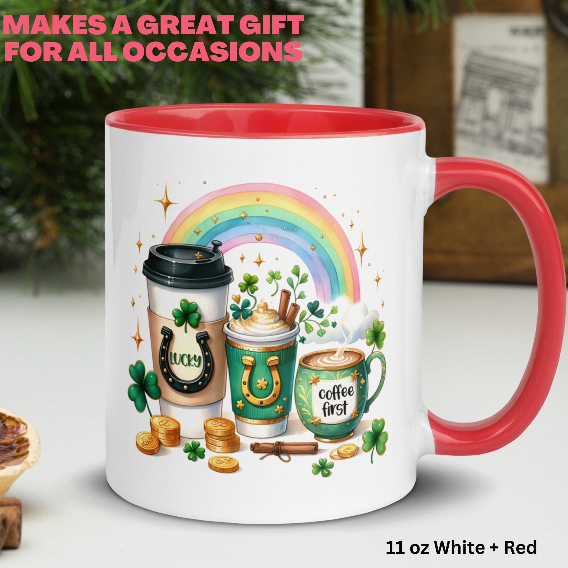 St Patricks Day Gifts, Rainbow Mug, Irish Coffee Mug, Saint Patricks Day, Shamrock Clover, Good Luck Mug, Holiday Gift, Coffee First, 1438 - Zehnaria - MORE HOLIDAYS & SEASONS - Mugs