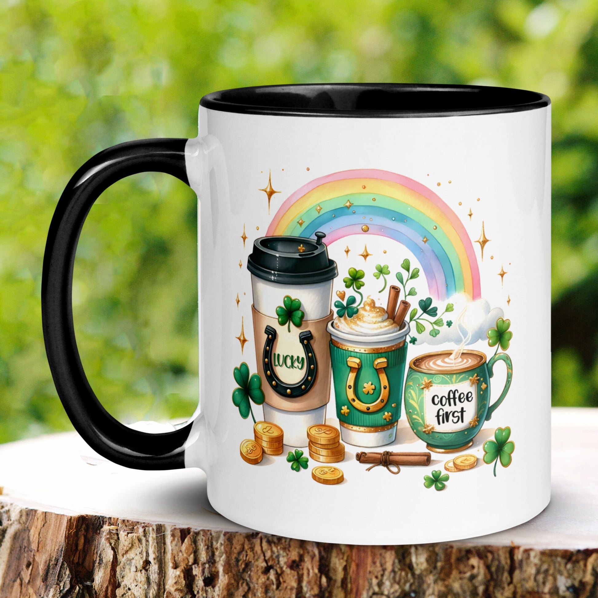 St Patricks Day Gifts, Rainbow Mug, Irish Coffee Mug, Saint Patricks Day, Shamrock Clover, Good Luck Mug, Holiday Gift, Coffee First, 1438 - Zehnaria - MORE HOLIDAYS & SEASONS - Mugs