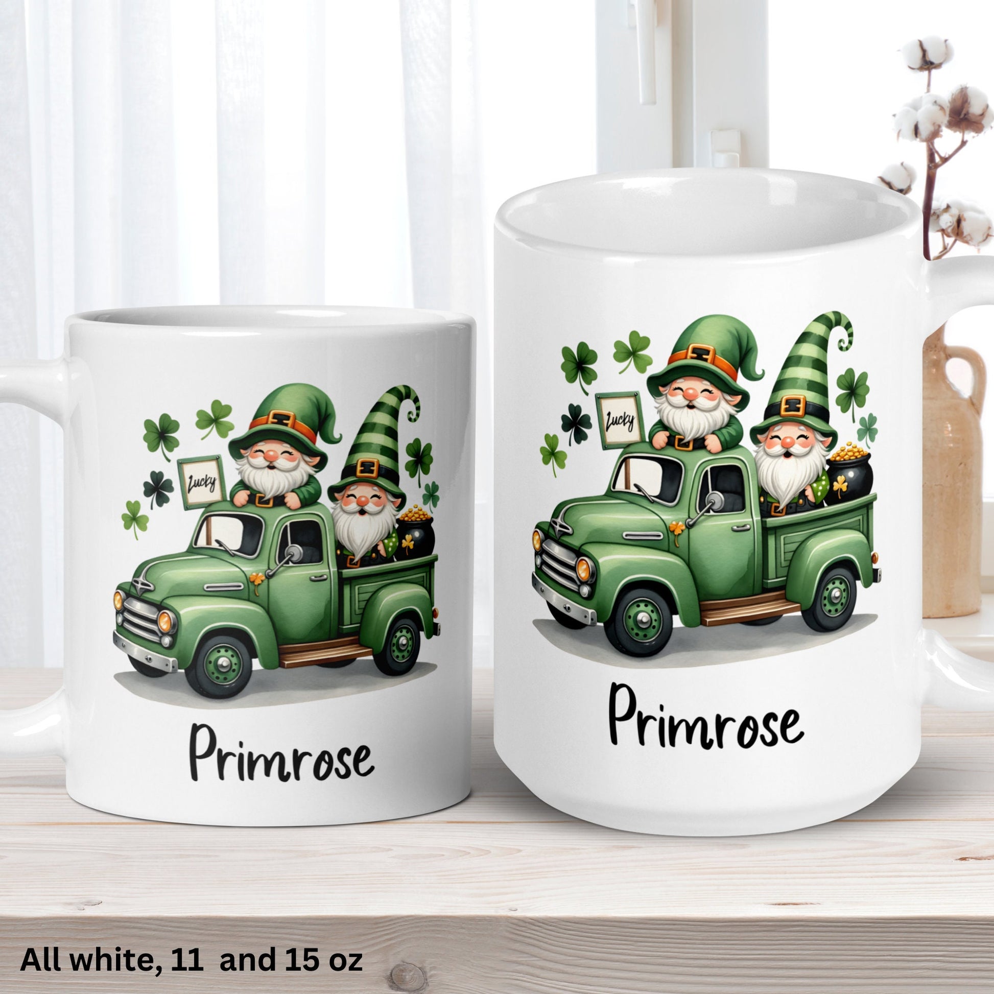 Garden Gnome Mug, Personalized Gift, St Patricks Day Gifts, Irish Coffee Mug, Saint Patricks Day Gnomes, Shamrock Farm Truck, Good Luck 1437 - Zehnaria - MORE HOLIDAYS & SEASONS - Mugs