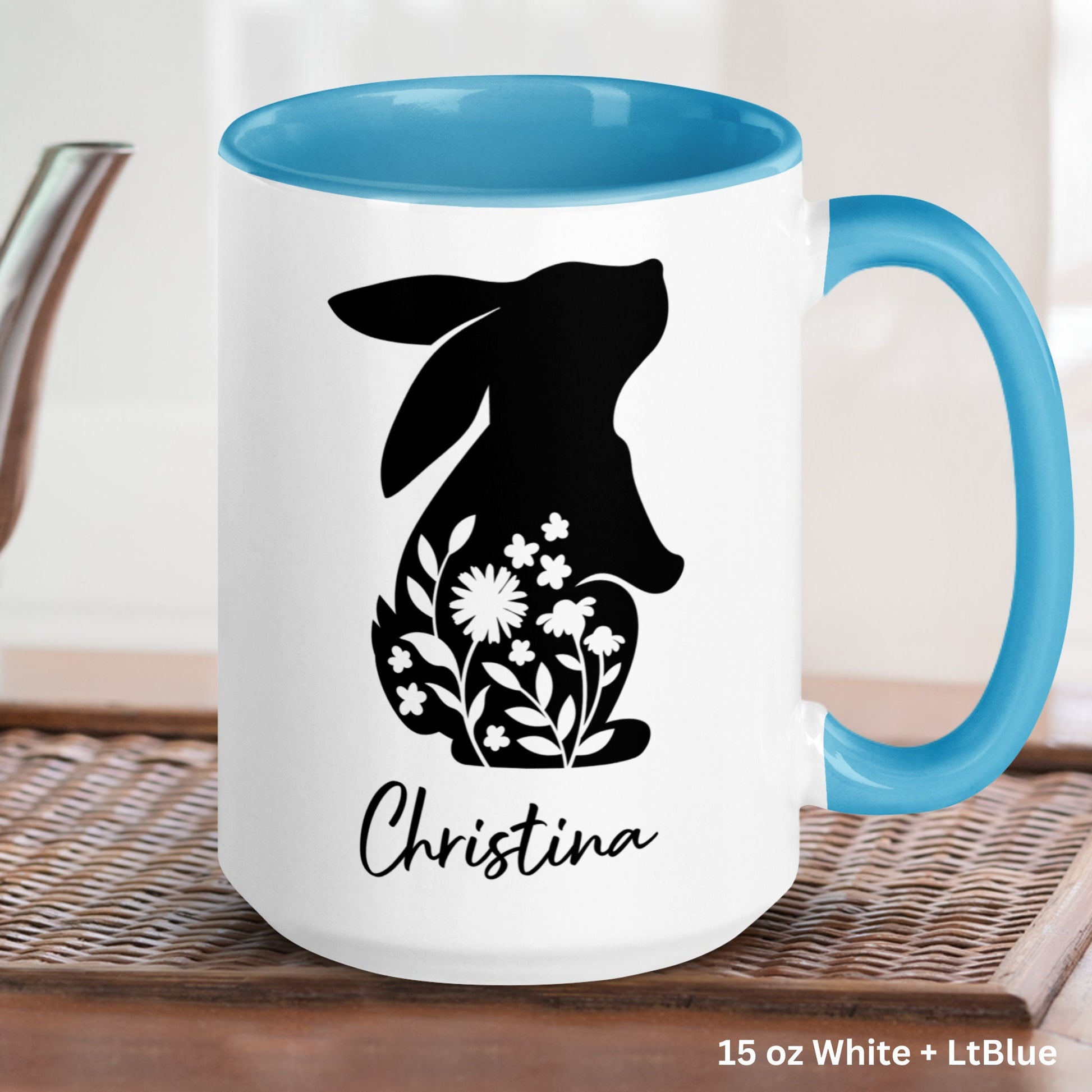 Custom Name Easter Bunny Mug with Beautiful Floral Silhouette - Personalized Gift for Spring, Easter Coffee Mug, Rabbit Floral Mug, 1459 - Zehnaria - MORE HOLIDAYS & SEASONS - Mugs