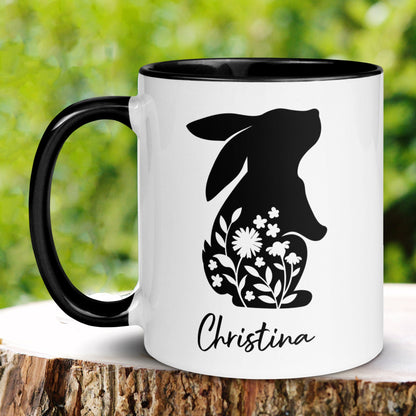 Custom Name Easter Bunny Mug with Beautiful Floral Silhouette - Personalized Gift for Spring, Easter Coffee Mug, Rabbit Floral Mug, 1459 - Zehnaria - MORE HOLIDAYS & SEASONS - Mugs