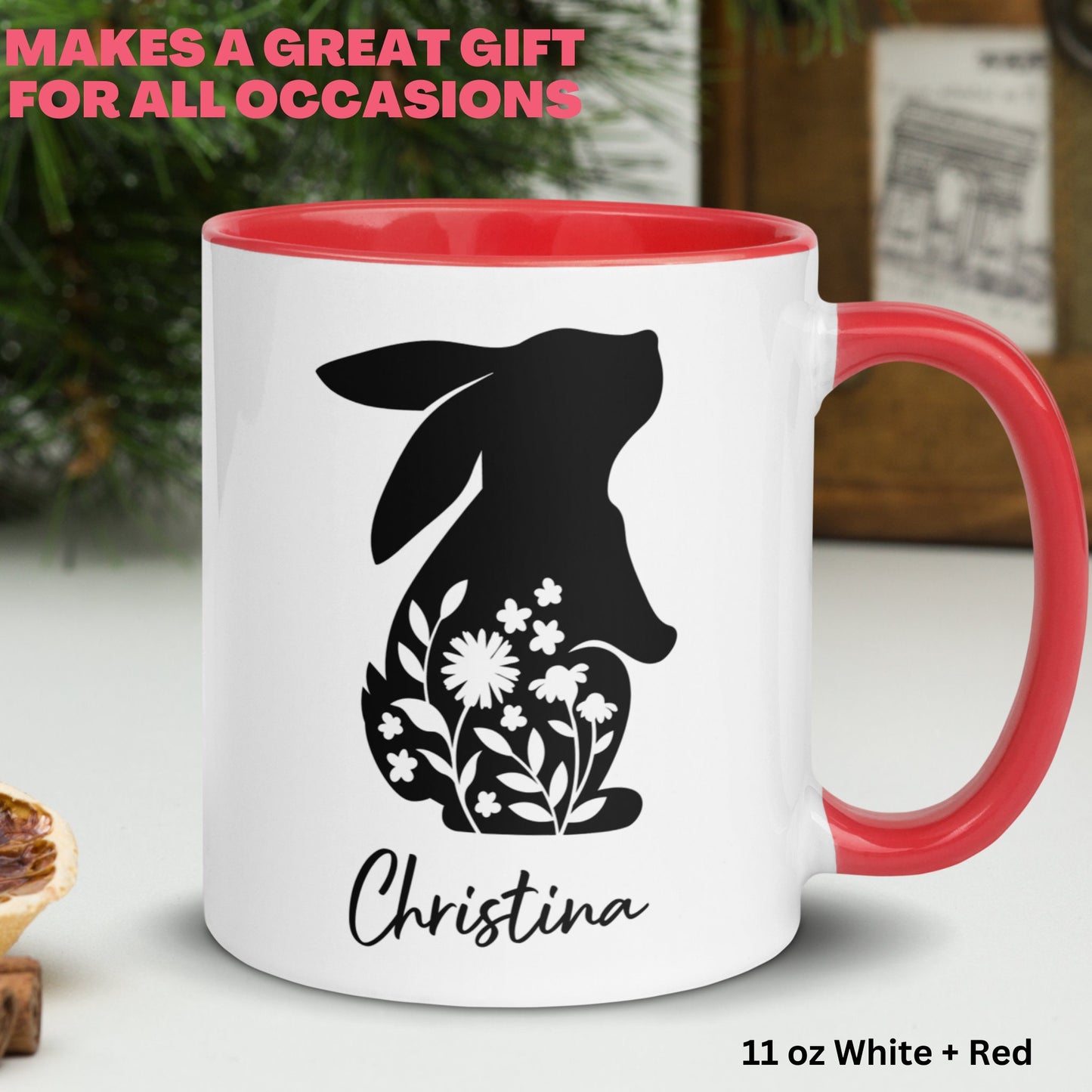 Custom Name Easter Bunny Mug with Beautiful Floral Silhouette - Personalized Gift for Spring, Easter Coffee Mug, Rabbit Floral Mug, 1459 - Zehnaria - MORE HOLIDAYS & SEASONS - Mugs