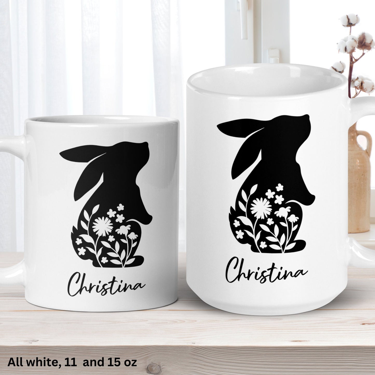 Custom Name Easter Bunny Mug with Beautiful Floral Silhouette - Personalized Gift for Spring, Easter Coffee Mug, Rabbit Floral Mug, 1459 - Zehnaria - MORE HOLIDAYS & SEASONS - Mugs