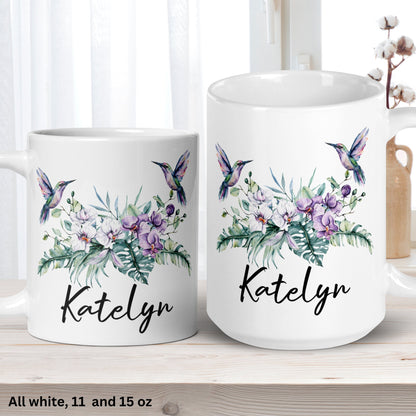 Humming Bird Mug, Personalized Gift, Orchid Wild Flower Mug, Name Mug - Zehnaria - PETS & ANIMALS - Mugs