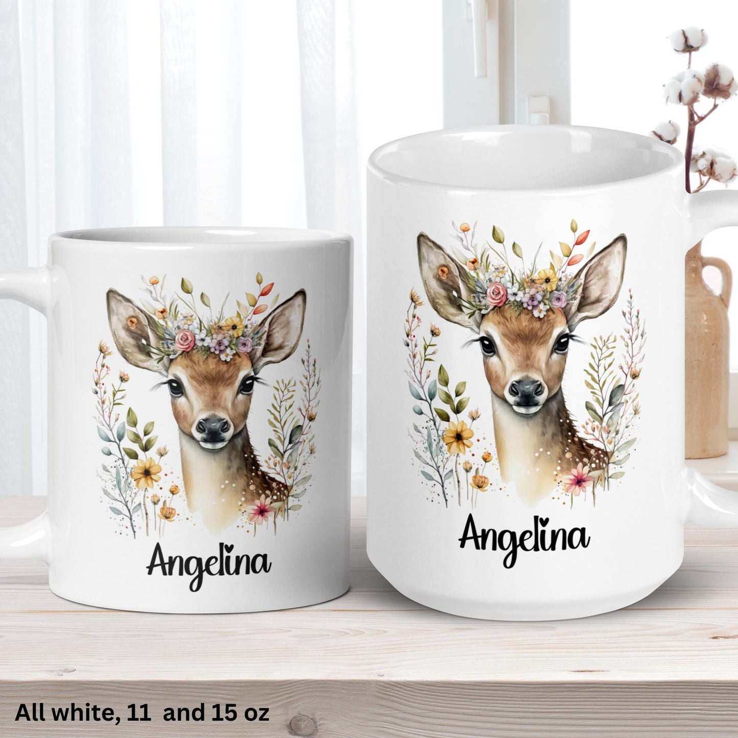 Personalized Deer Mug, Custom Name Mug, Floral Mug, Deer Coffee Mug - Zehnaria - PETS & ANIMALS - Mugs