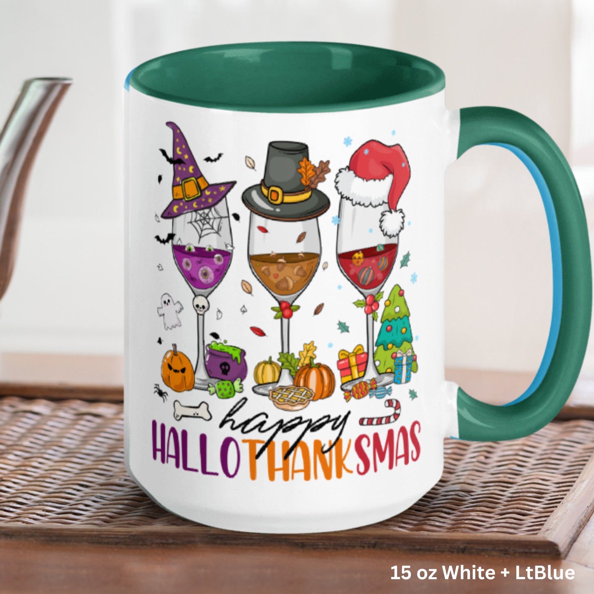 Happy Hallothanksmas Mug, Funny Holiday Wine Gift for Christmas - Zehnaria - WINTER HOLIDAY - Mugs