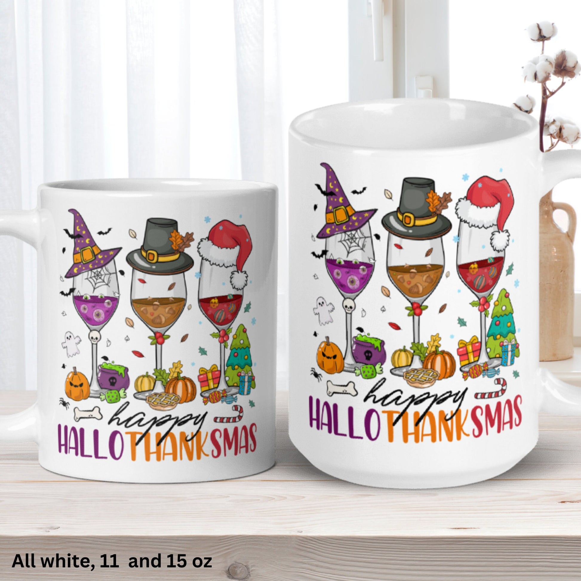 Happy Hallothanksmas Mug, Funny Holiday Wine Gift for Christmas - Zehnaria - WINTER HOLIDAY - Mugs