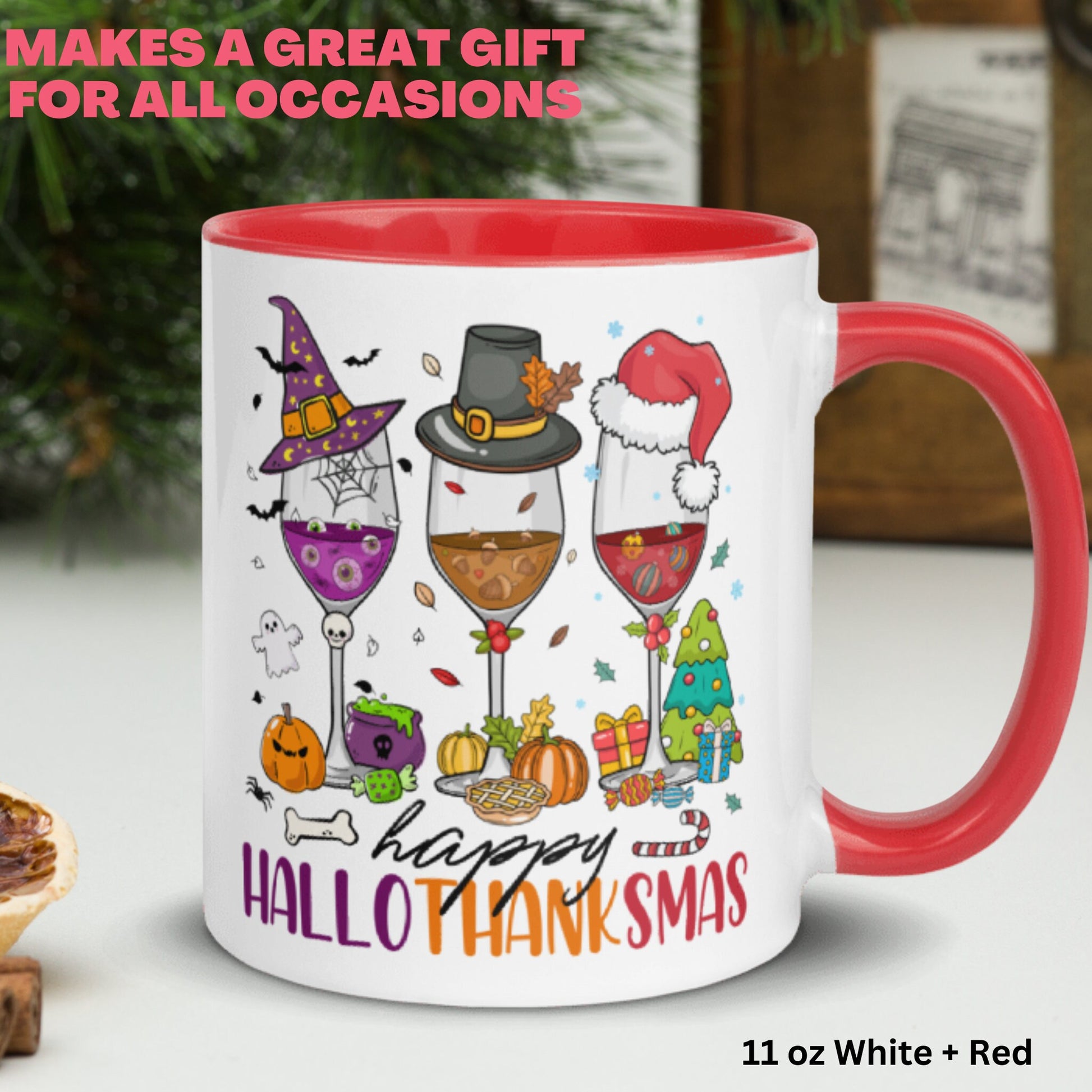 Happy Hallothanksmas Mug, Funny Holiday Wine Gift for Christmas - Zehnaria - WINTER HOLIDAY - Mugs