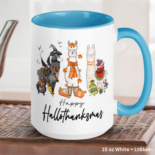 Happy Hallothanksmas Llama Mug, Funny Coffee Mug - Zehnaria - WINTER HOLIDAY - Mugs